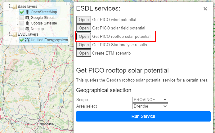 Select 'external ESDL services', and 'get PICO rooftop solar potential'